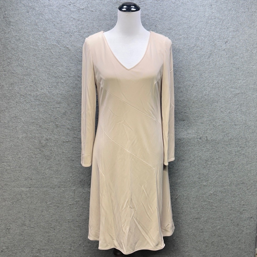 Talbots Petites V-Neck Long Sleeve Dress Women 12P Beige Minimalist Professional
